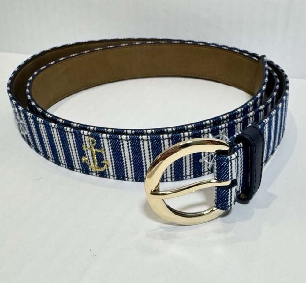Talbots Nautical Anchor Belt Blue White Stripe Leather Gold Buckle Size M Preppy